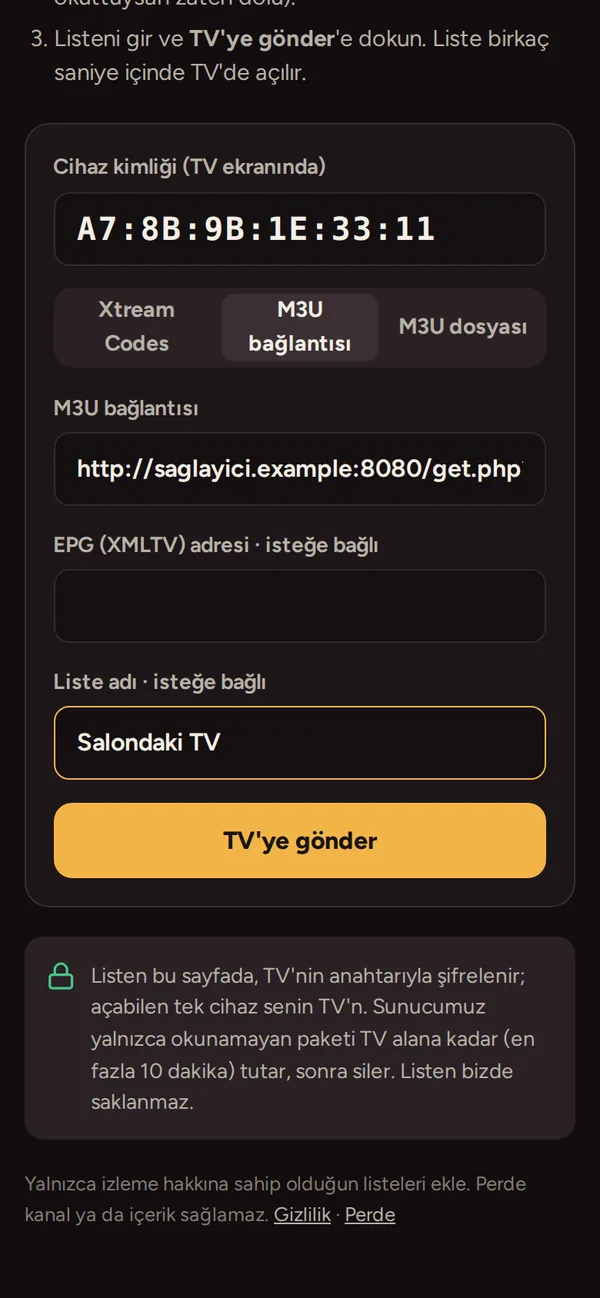 Telefonda perdeplayer.com/ekle sayfası: cihaz kimliği ve liste bilgileri