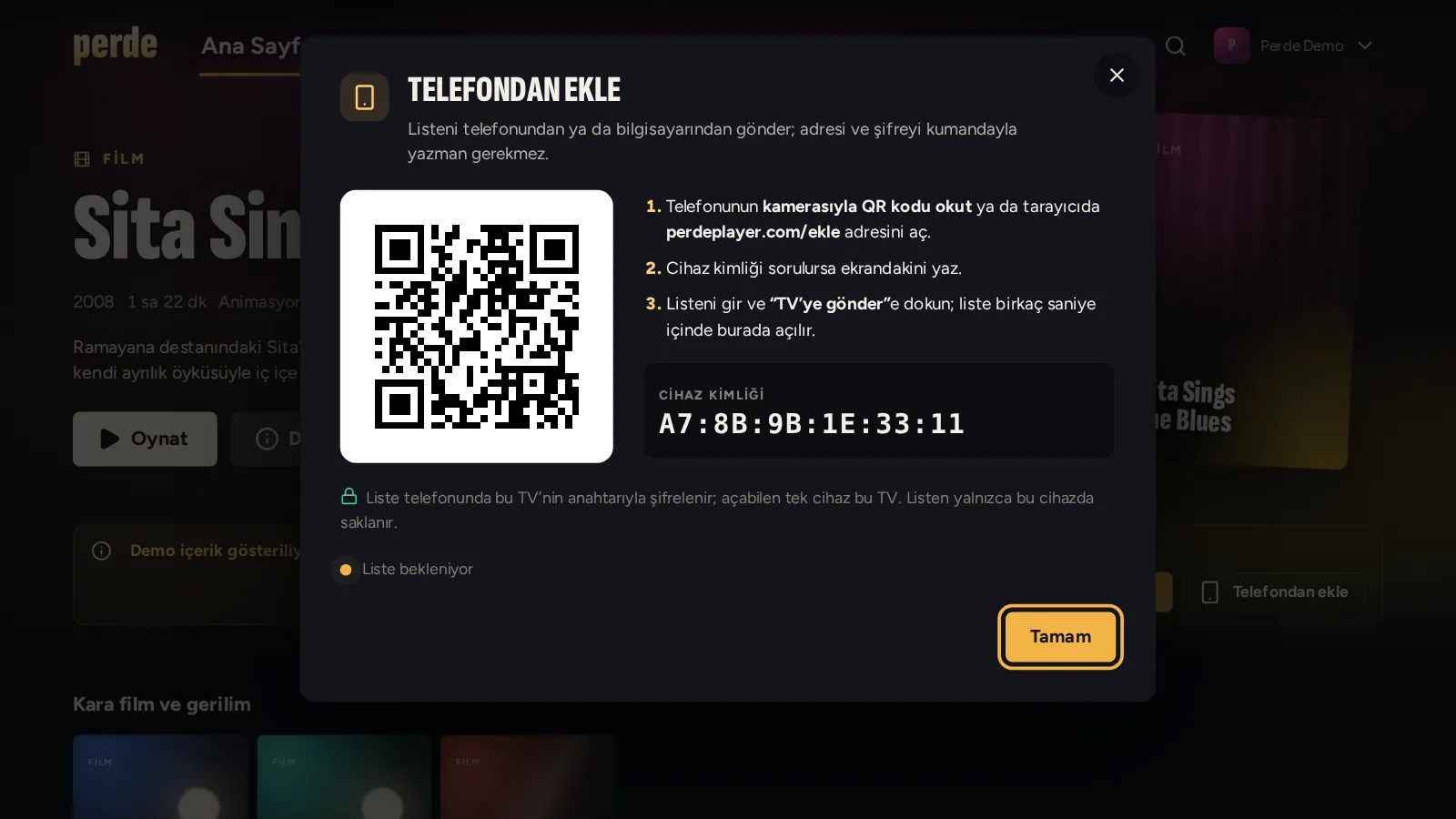 TV'de Telefondan ekle ekranı: QR kodu ve cihaz kimliği